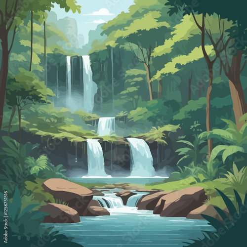 A serene vector illustration of waterfalls cascading over rocky cliffs, surrounded by a tranquil natural landscape with lush greenery and rugged terrain.