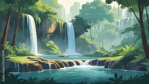 A serene vector illustration of waterfalls cascading over rocky cliffs, surrounded by a tranquil natural landscape with lush greenery and rugged terrain.