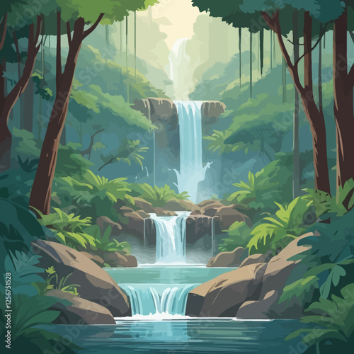 A serene vector illustration of waterfalls cascading over rocky cliffs, surrounded by a tranquil natural landscape with lush greenery and rugged terrain.