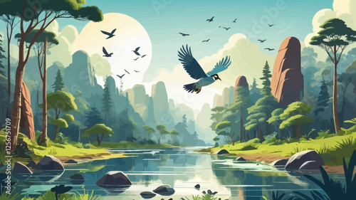 A serene forest landscape with a flowing river, tall trees, and wildlife in the foreground. The sunlight enhances the tranquility of the natural surroundings.