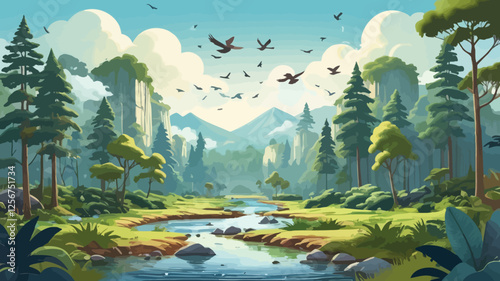 A picturesque forest with a river, wildlife, and tall trees, set against dramatic mountains in the background. The perfect combination of wildlife and wilderness.