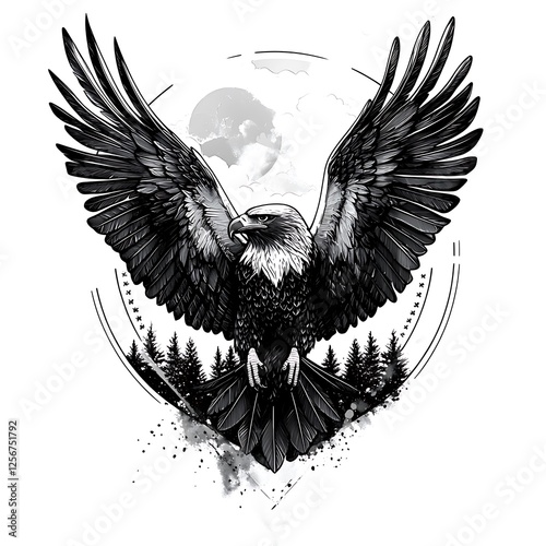 Artistic eagle soaring above mountains and moon. Graphic design