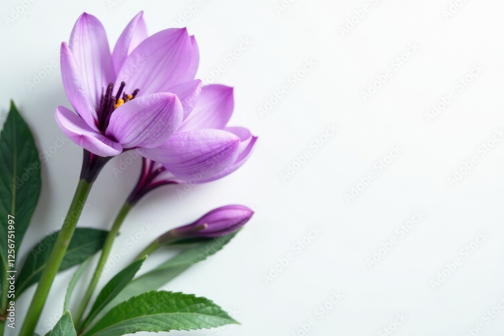 Fototapeta premium Soft purple petals unfolding against a clean white backdrop, showcasing delicate brush strokes of green foliage, negative space, organic