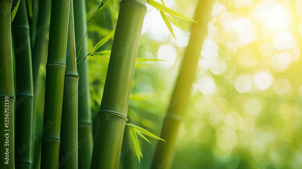 Obraz premium Close-Up View of Vibrant Green Bamboo Stalks Illuminated by Gentle Natural Light