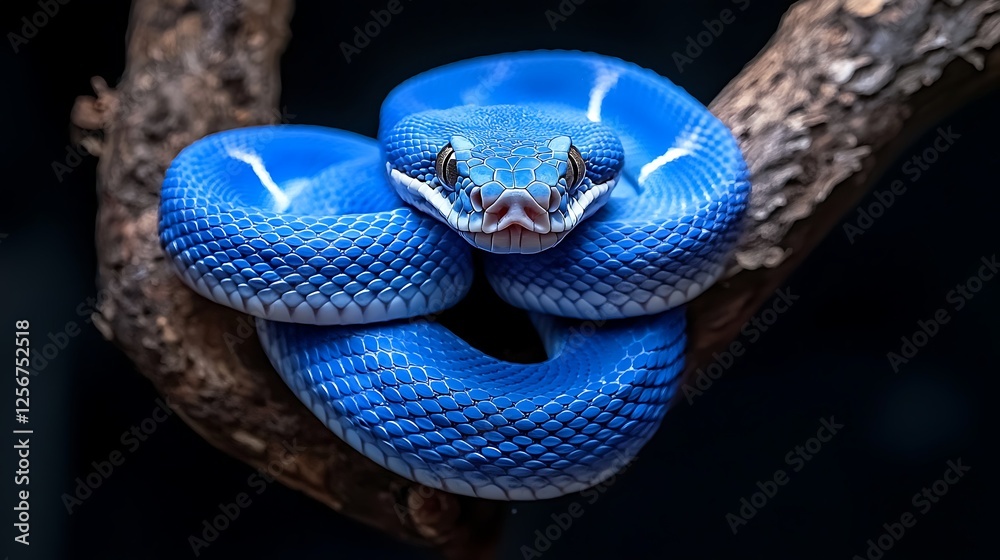 Obraz premium Blue snake coiled on branch, dark background, wildlife photography, nature stock image.