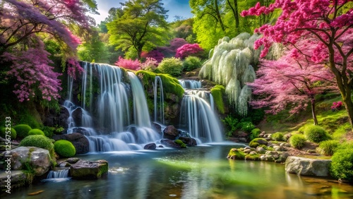 Serene Waterfall in a Vibrant Spring Garden