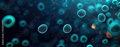 Microscopic ocean life idea. Microscopic view of cells, showcasing intricate biological structures in a dark background.