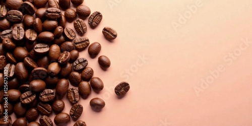 A profusion of roasted coffee beans scattered artistically across a soft peach background, leaving ample space for text or design elements.