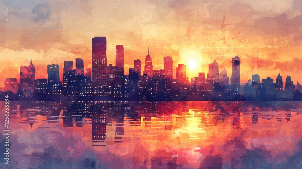 Obraz premium Painting of a city skyline silhouette during sunset with vibrant colors reflecting in the sky