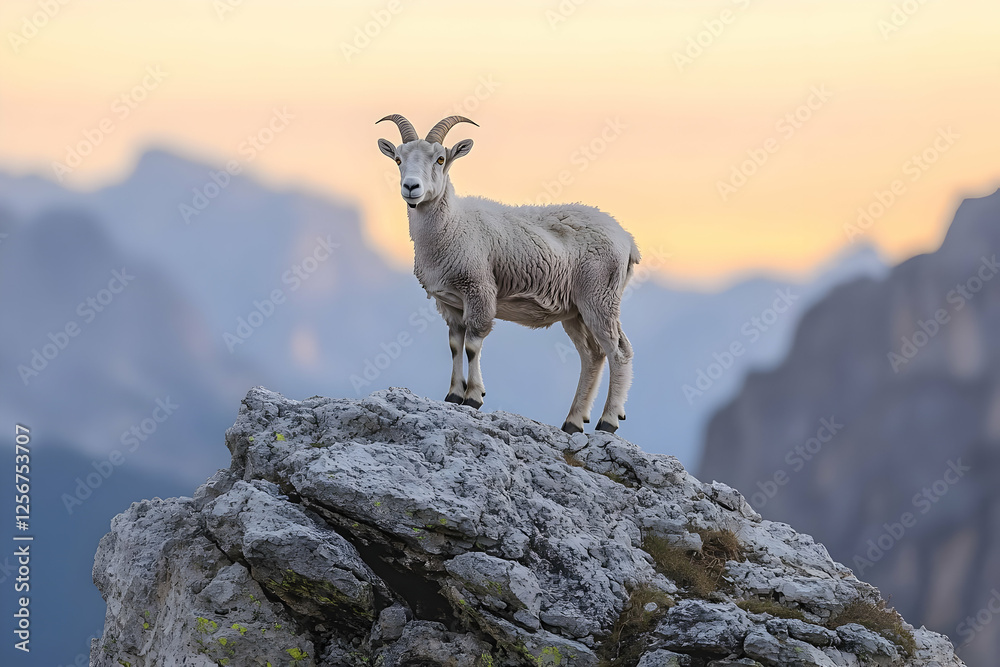 Mountain Goat On Rocky Peak Sunrise Sunset Mountain Goat On Rocky Peak Sunrise Sunset