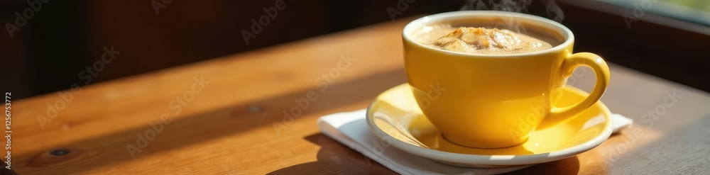 Warm wooden table with yellow mug containing iced coffee and paper napkin, coffee, lighting, napkin Warm wooden table with yellow mug containing iced coffee and paper napkin, coffee, lighting, napkin
