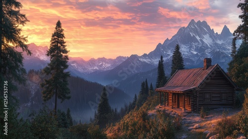 picturesque wooden mountain hut nestled among the pines, with a stunning view of the surrounding peaks and valleys, bathed in the soft light of a winter sunset