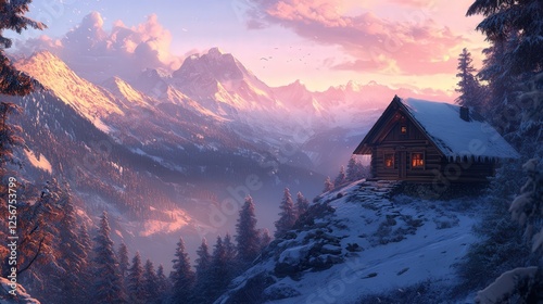 picturesque wooden mountain hut nestled among the pines, with a stunning view of the surrounding peaks and valleys, bathed in the soft light of a winter sunset