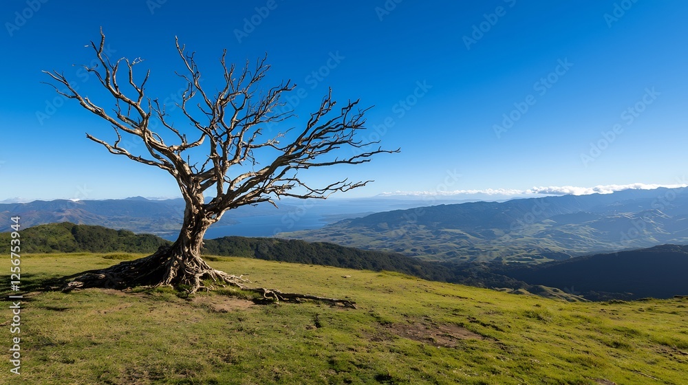 Panoramic View of Tree on Hilltop with Mountains and Blue Sky Panoramic View of Tree on Hilltop with Mountains and Blue Sky