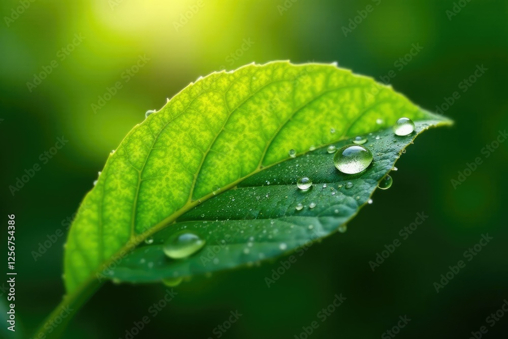 Water drops cling to the underside of a sunlit leaf, foliage, leaf details, plant anatomy Water drops cling to the underside of a sunlit leaf, foliage, leaf details, plant anatomy