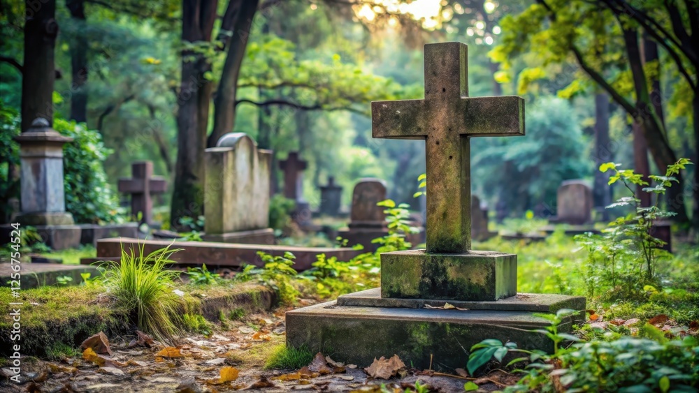 A lone grave in a deserted cemetery surrounded by crumbling headstones and overgrown vegetation, with a worn wooden cross resting on top of the stone slab , abandoned cemetery, old tombstone A lone grave in a deserted cemetery surrounded by crumbling headstones and overgrown vegetation, with a worn wooden cross resting on top of the stone slab , abandoned cemetery, old tombstone