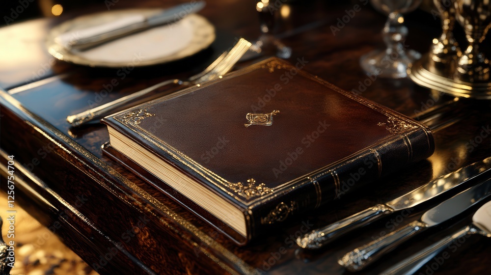 rich, leather-bound menu book resting on a luxurious dining table, with gold accents and polished silverware adding to the overall elegance of the scene rich, leather-bound menu book resting on a luxurious dining table, with gold accents and polished silverware adding to the overall elegance of the scene