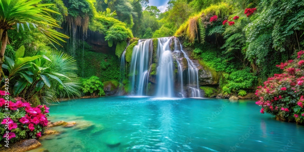 Waterfall cascading gently into a tranquil turquoise pool surrounded by lush greenery and vibrant tropical flowers, tropical water feature, turquoise pool Waterfall cascading gently into a tranquil turquoise pool surrounded by lush greenery and vibrant tropical flowers, tropical water feature, turquoise pool