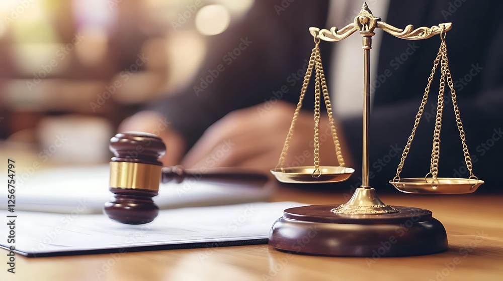 Justice Scales and Gavel on Wooden Desk Justice Scales and Gavel on Wooden Desk
