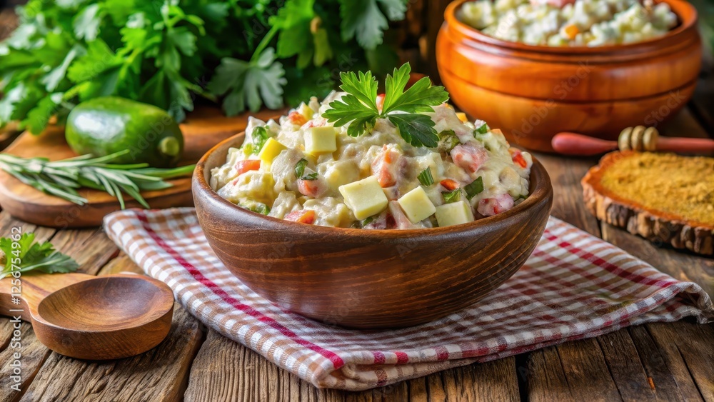 Close-up of traditional Soviet Olivier salad on a rustic village table, pickle, homemade Close-up of traditional Soviet Olivier salad on a rustic village table, pickle, homemade