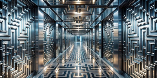 A twisted corridor with a maze-like design, featuring an infinite reflection effect in shiny metal surfaces, creating a disorienting and surreal atmosphere , labyrinthine, abstract