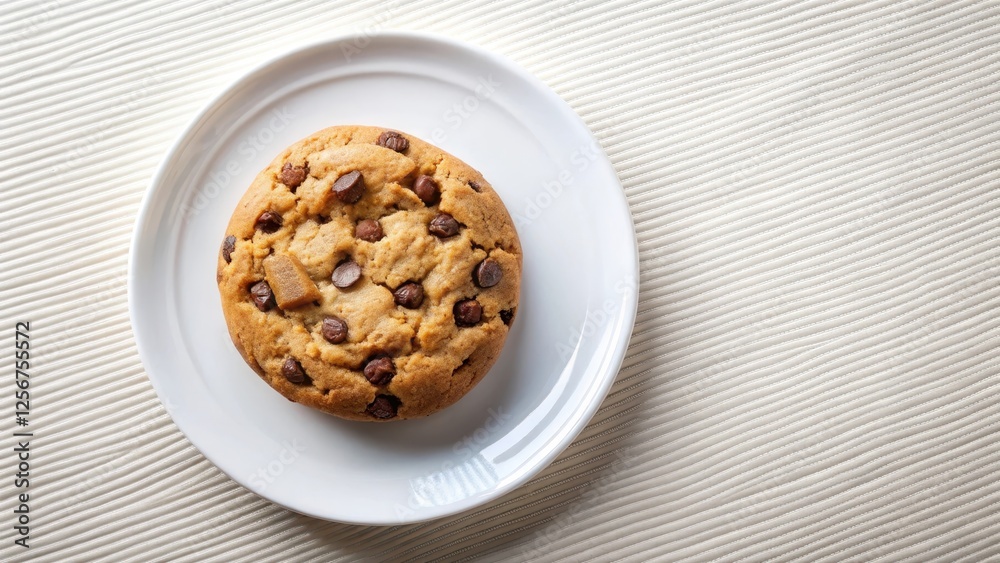 Crunchy cookie with a single chocolate chip on a white plate, shot from directly above, highlighting its texture and appearance, culinary art, sweet tooth