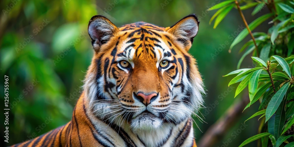 Obraz premium Close-up shot of Bengal tiger's face with piercing eyes and distinctive stripes gazing calmly into the distance through a clearing in the dense foliage , indian subcontinent animals, nature scenery