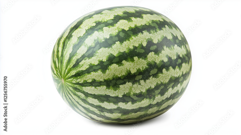 Single whole watermelon with green striped rind isolated on a clean white background. High-resolution mockup for organic food promotions, grocery branding, and farm-fresh product packaging. Single whole watermelon with green striped rind isolated on a clean white background. High-resolution mockup for organic food promotions, grocery branding, and farm-fresh product packaging.