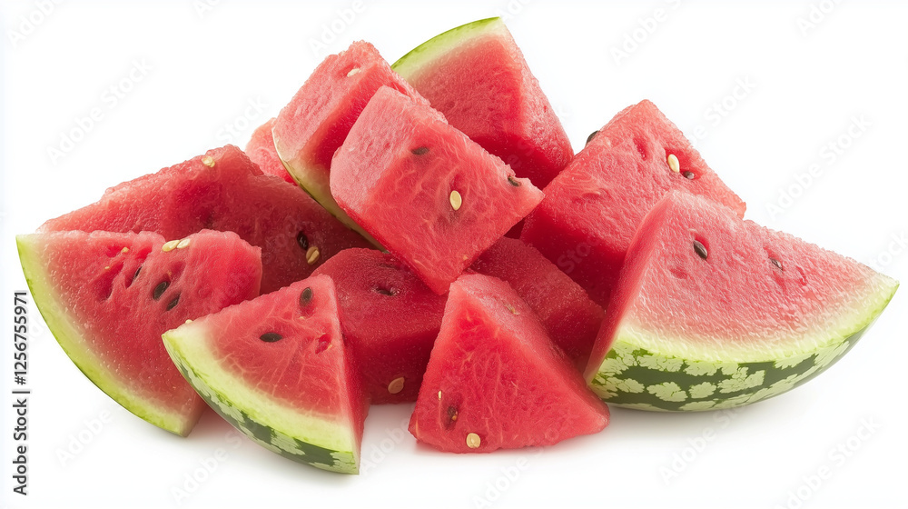 Watermelon cubes and triangular slices with juicy red pulp and black seeds on a white background. High-resolution mockup ideal for fruit ads, juice branding, and healthy diet promotions.
Watermelon cubes and triangular slices with juicy red pulp and black seeds on a white background. High-resolution mockup ideal for fruit ads, juice branding, and healthy diet promotions.