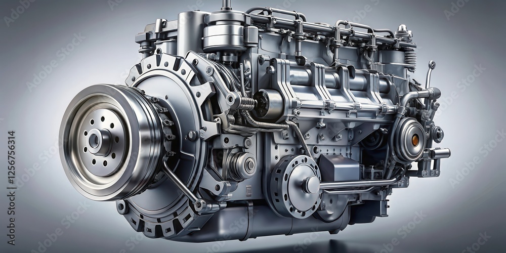 Diesel engine parts on gray background with technical details , machinery, diesel engine Diesel engine parts on gray background with technical details , machinery, diesel engine