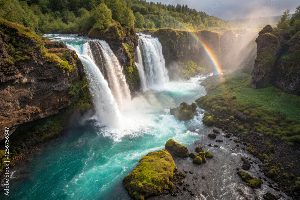 Waterfall cascading into turquoise pool with vibrant rainbow and lush greenery Waterfall cascading into turquoise pool with vibrant rainbow and lush greenery