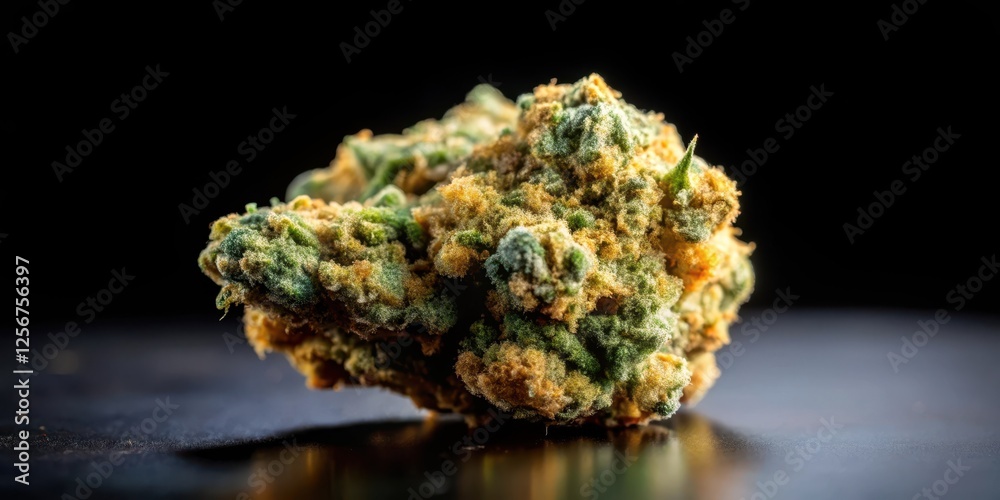 Obraz premium High-quality image of a close-up cannabis nug on a black background, showcasing its texture and detail, close-up, outdoor