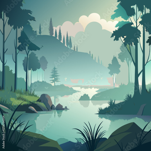 Serene landscape of a misty lake with silhouetted trees and vegetation in the background shrouded in soft ethereal fog