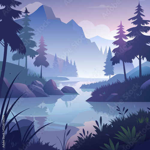Serene landscape of a misty lake with silhouetted trees and vegetation in the background shrouded in soft ethereal fog