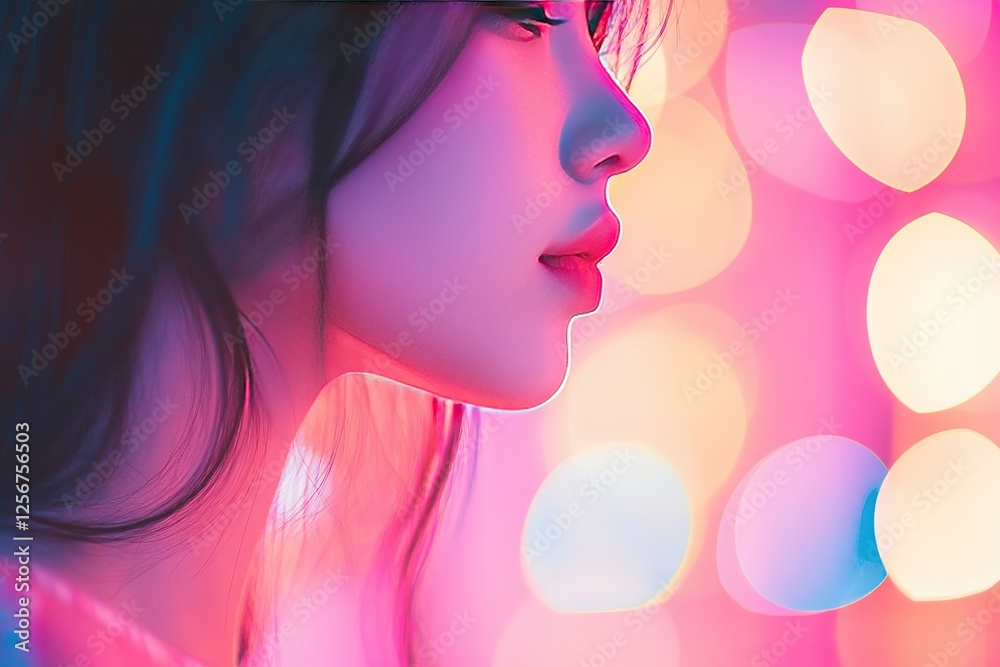 Woman's profile illuminated by vibrant neon lights Woman's profile illuminated by vibrant neon lights