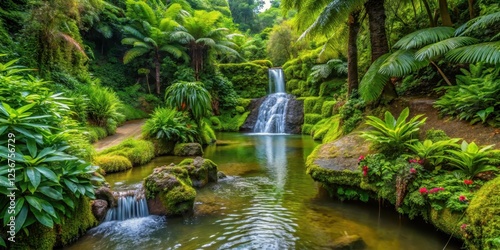 Water flowing from a natural spring amidst lush greenery and exotic plants in a botanical garden on Sao Miguel island, sao miguel, brazilian islands