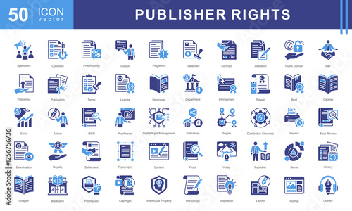 Publisher Rights icon set featuring icons related to publishing, copyright, licensing, plagiarism, royalties, and intellectual property. Ideal for authors, editors, and legal publishing materials.