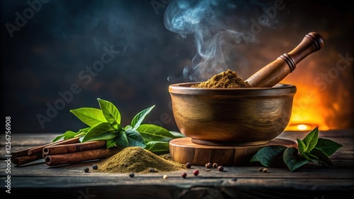 Traditional Ayurvedic medicine bowl with Jeshthamadh powder and Mulethi root stick in a moody, dimly lit atmosphere photo