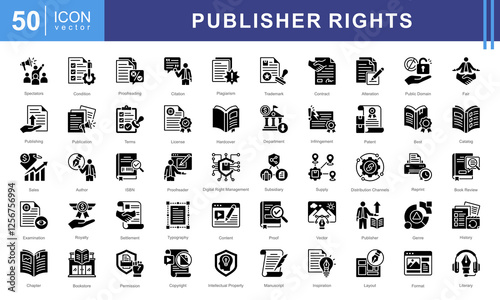 Publisher Rights icon set featuring icons related to publishing, copyright, licensing, plagiarism, royalties, and intellectual property. Ideal for authors, editors, and legal publishing materials.