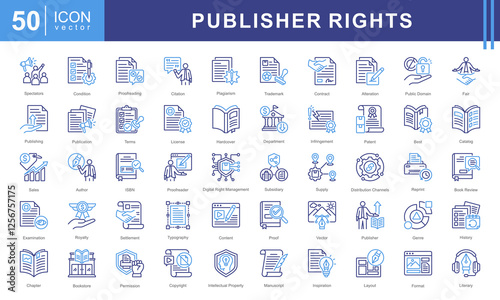 Foto Publisher Rights icon set featuring icons related to publishing, copyright, licensing, plagiarism, royalties, and intellectual property