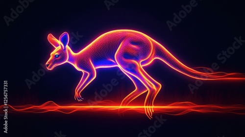 Neon kangaroo leaping, dark background, energy, wildlife art photo