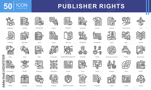 Publisher Rights icon set featuring icons related to publishing, copyright, licensing, plagiarism, royalties, and intellectual property. Ideal for authors, editors, and legal publishing materials.