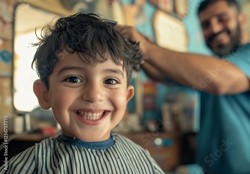 Adorable young boy with a bright smile getting a haircut at a traditional barbershop, capturing the joy and excitement of childhood grooming in a warm and friendly atmosphere