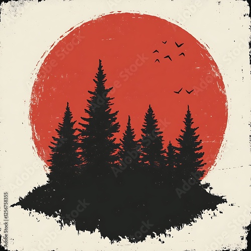 Silhouettes of trees against a red sun, artistic illustration, possible use as a poster or print photo