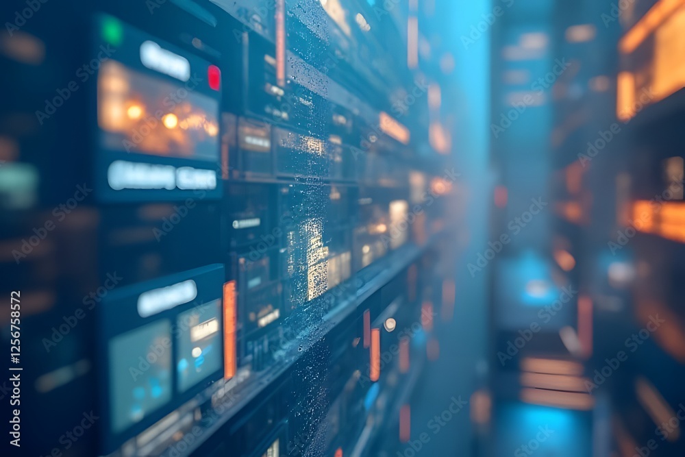 Exploring the Mystique of Modern Technology Through a Glowing Data Center Behind a Hazy Glass Exploring the Mystique of Modern Technology Through a Glowing Data Center Behind a Hazy Glass