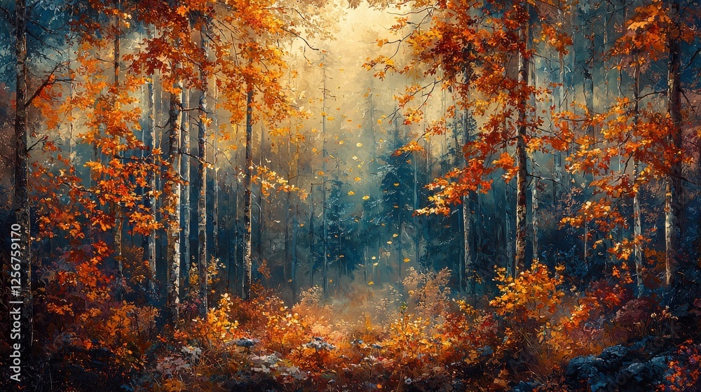 Fototapeta premium Autumnal Forest Path: A Vibrant Fall Scene