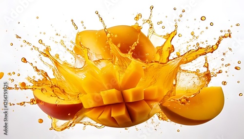 Juicy mangoes sliced perfectly with a refreshing splash of golden juice in the air.