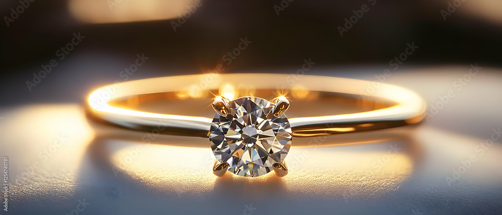 Golden solitaire ring, sunset backdrop Golden solitaire ring, sunset backdrop