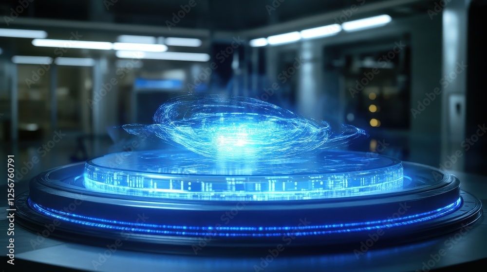 Obraz premium Quantum Chip Glowing with Swirling Holographic Data