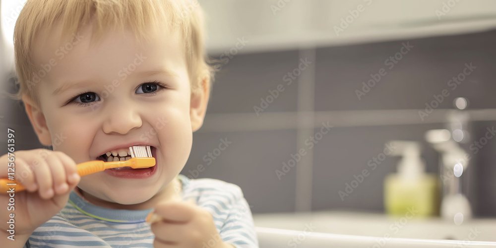 Little blond boy learning to brush his teeth with an orange toothbrush Little blond boy learning to brush his teeth with an orange toothbrush